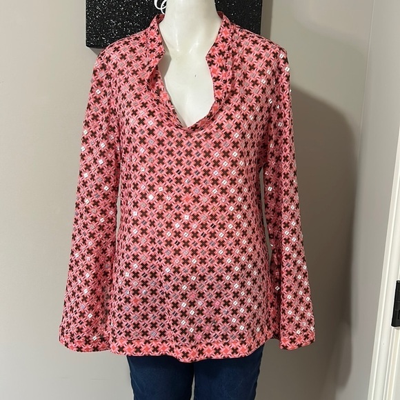Tory Burch Boho Pink Printed Long Sleeve V Neck Blouse with Sequins Sz 8 - Picture 2 of 11
